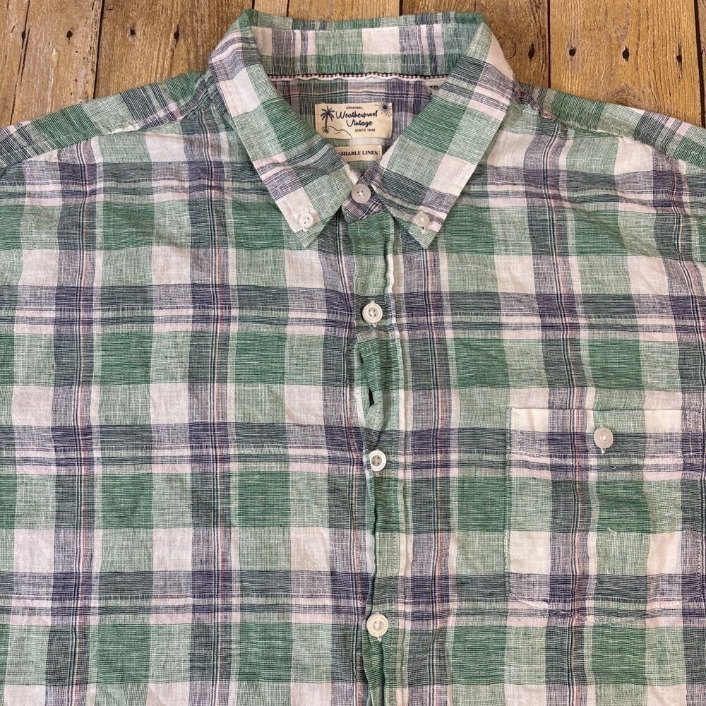Weatherproof Vintage Washable Linen Shirt XXL 2XL Green Plaid
